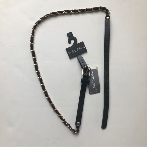 NWT Wet Seal Black Leather Gold Chain Belt - Picture 1 of 2